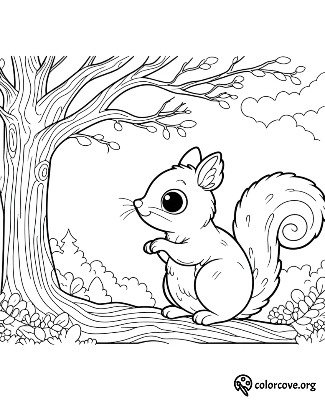 a black and white drawing of a squirrel on a tree branch