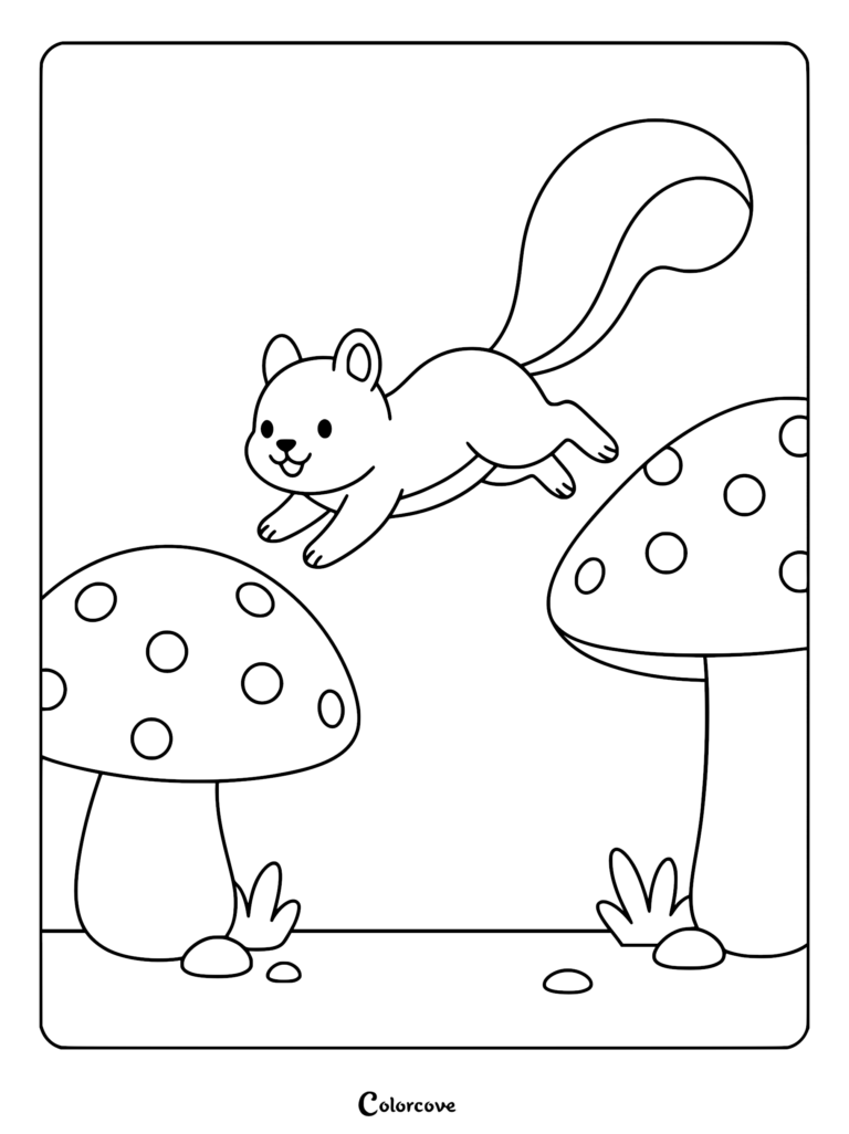 A cute squirrel sitting inside a large acorn shell surrounded by autumn leaves and mushrooms in this printable coloring page.