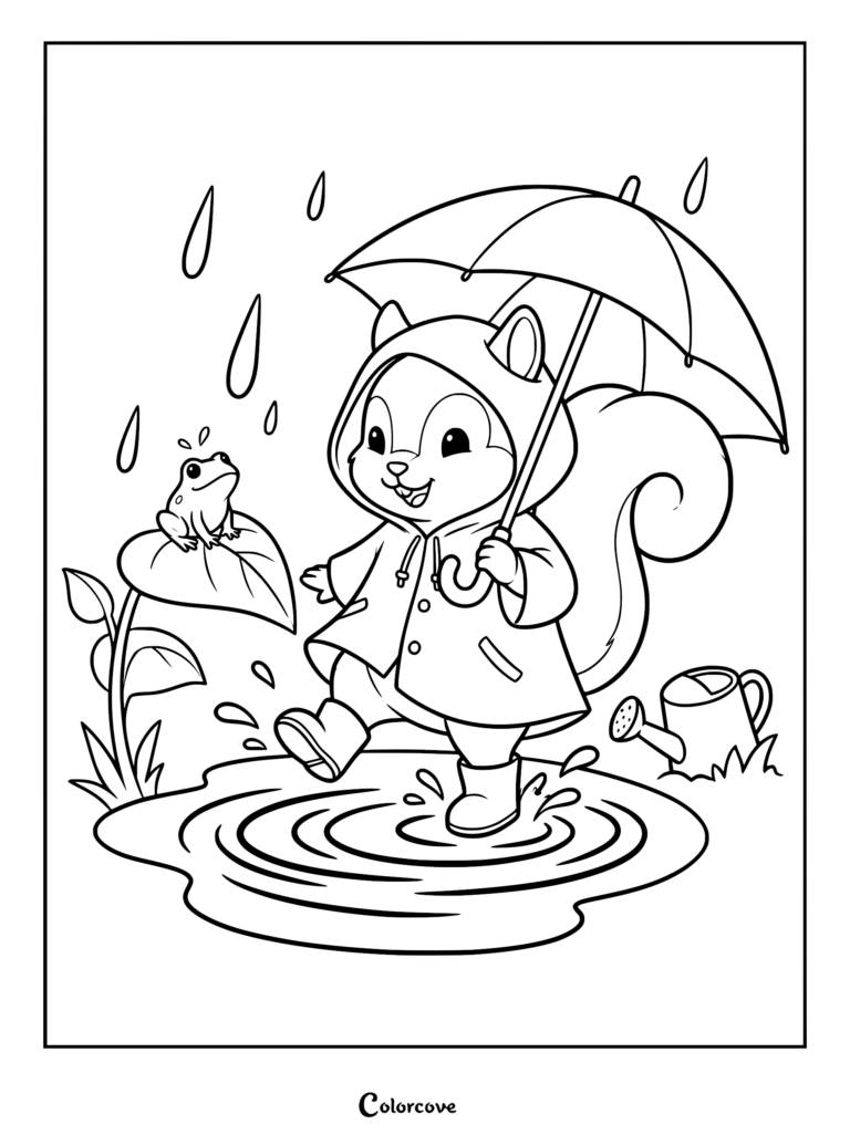 A cute squirrel wearing a yellow raincoat and boots holding an umbrella while splashing in a puddle next to a frog on a leaf, coloring page.