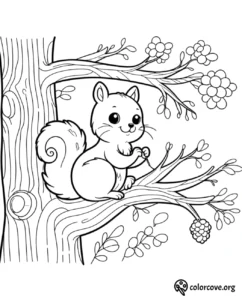 a black and white drawing of a squirrel on a tree