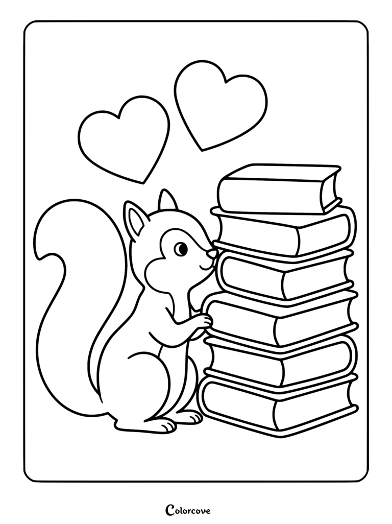 A cute squirrel standing next to a tall stack of books with two hearts floating above on a printable coloring page.