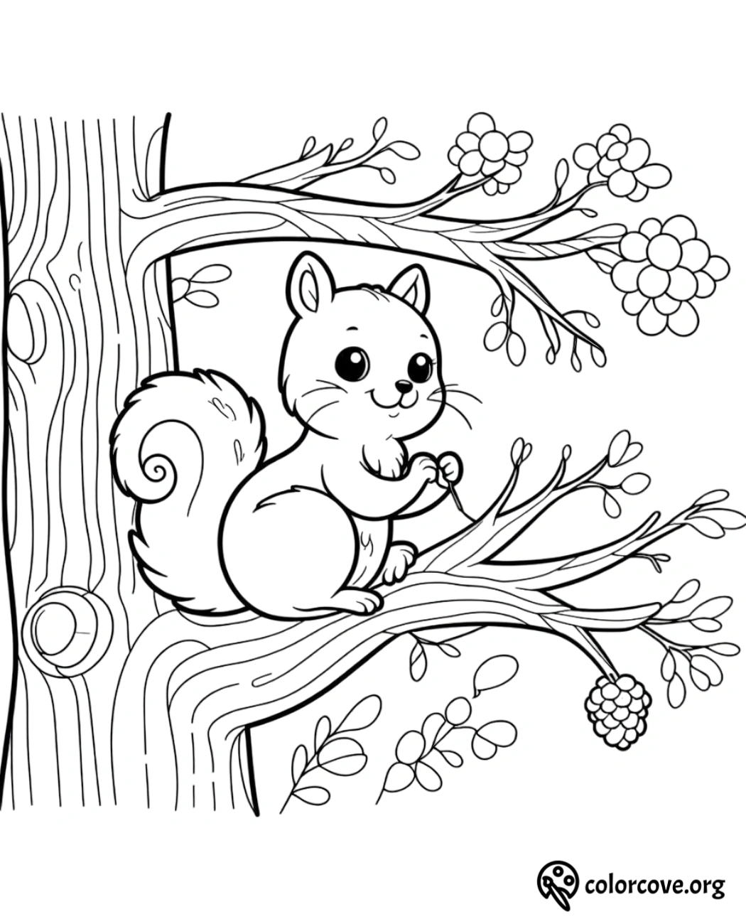 a black and white drawing of a squirrel on a tree