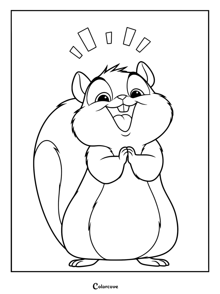 A happy, wide-eyed squirrel with hands clasped together in excitement, featured on a printable coloring page.