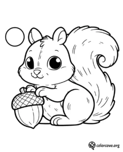 a black and white drawing of a squirrel holding a nut