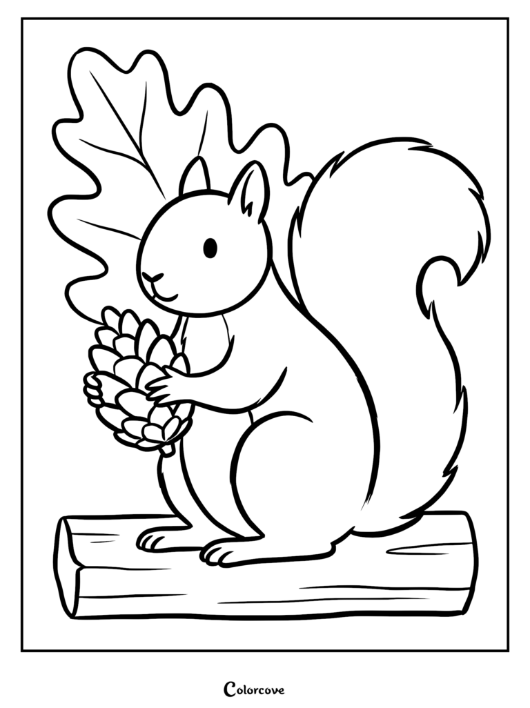 A cute squirrel sitting on a log holding a pinecone with a large oak leaf in the background, presented as a printable coloring page.