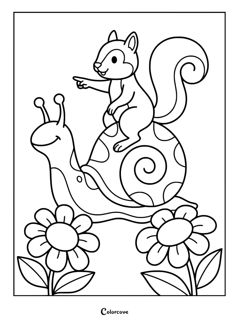 A cute squirrel pointing while riding on a snail shell, coloring page with flowers.