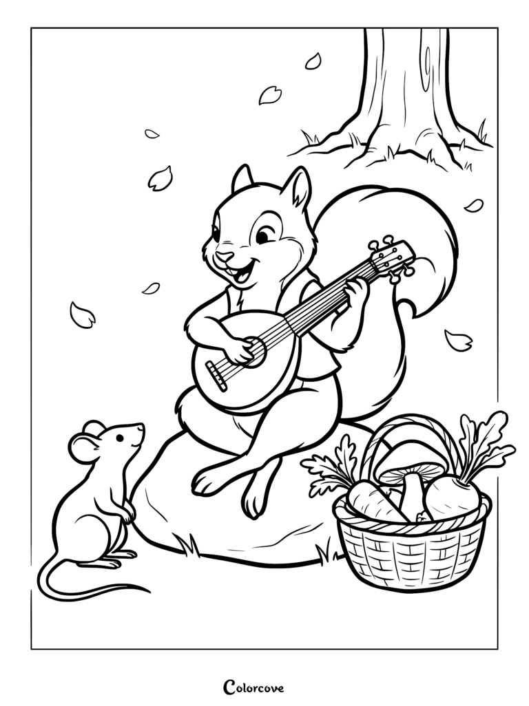 A happy squirrel sitting on a rock playing a guitar for a small mouse, with a basket of vegetables nearby in this printable coloring page.