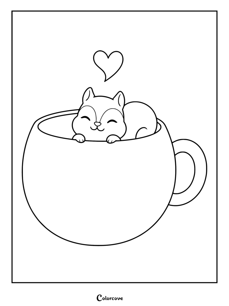 A happy squirrel resting inside a large teacup with a heart floating above, coloring page style line art.