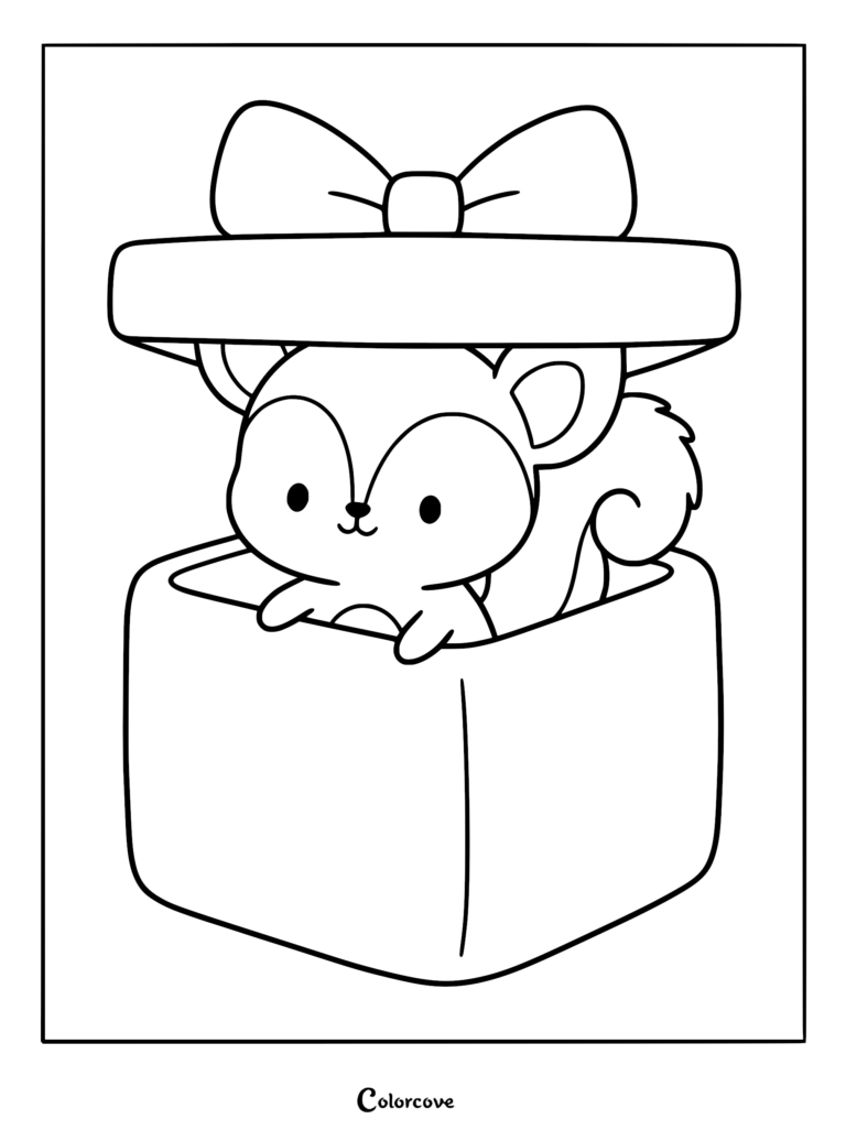 A kawaii squirrel popping out of a square gift box with a large bow on the lid, coloring page style line art.