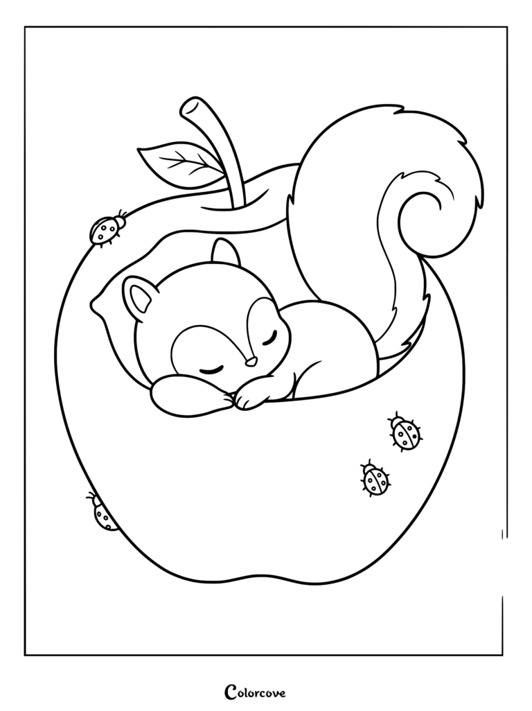 A cute squirrel sleeping inside a large apple with three ladybugs on this printable coloring page.