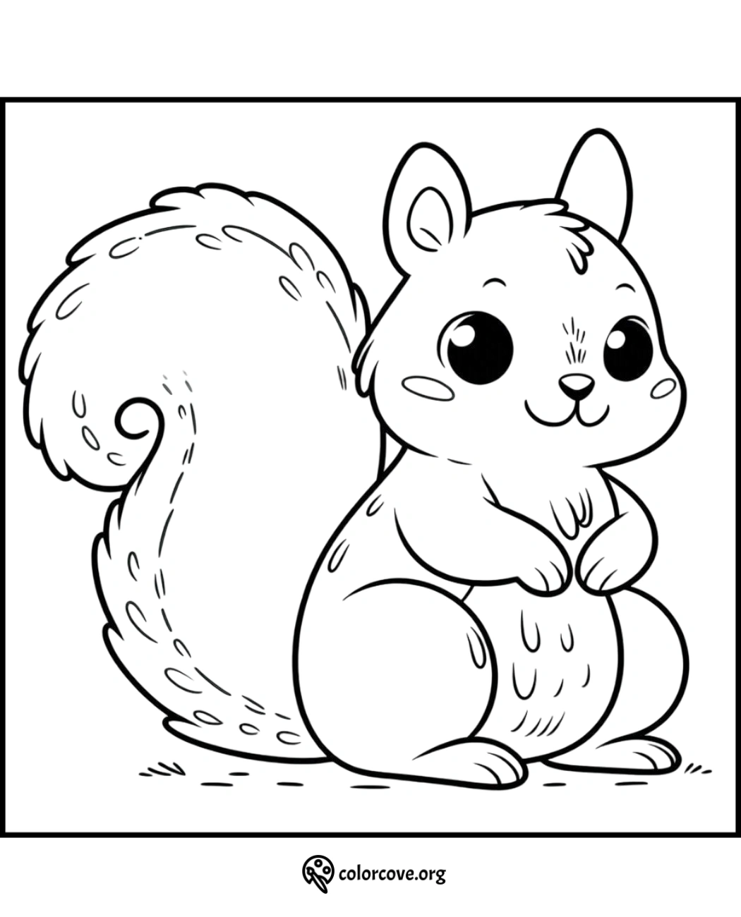 Adorable squirrel coloring page for kids featuring a cute squirrel with a fluffy tail. Free download at colorcove.org.