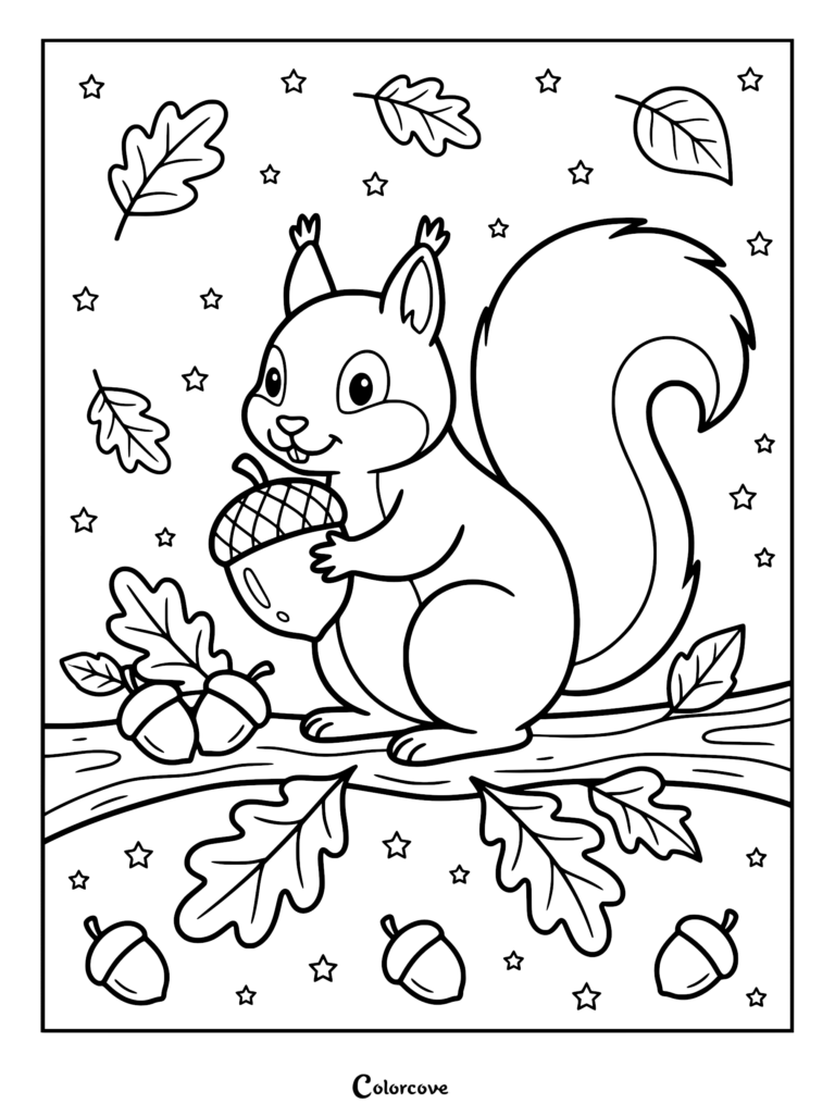 A cute squirrel holding an acorn on a tree branch surrounded by falling oak leaves and stars in this printable coloring page.