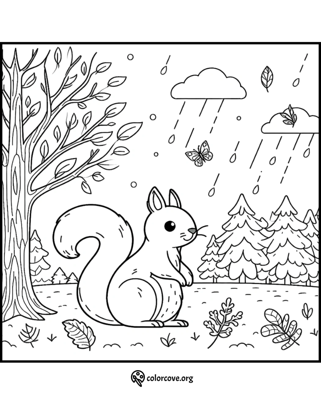 Squirrel in a forest coloring page with rain, trees, butterflies, and leaves, perfect for kids and adults to color.