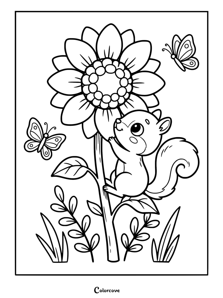 A happy squirrel peeking out of a cozy tree hollow surrounded by autumn leaves, mushrooms, and a small bird in this printable coloring page.