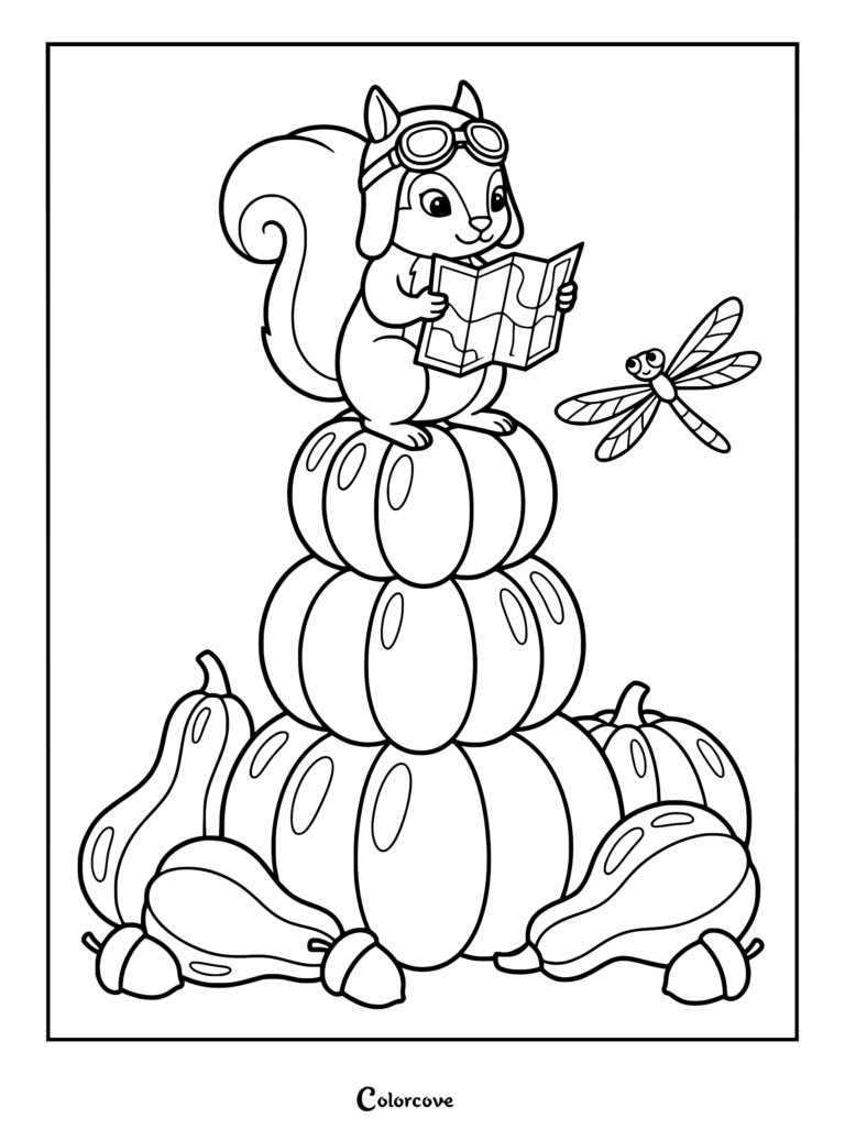Explorer squirrel wearing aviator goggles reading a map while sitting on a stack of pumpkins with a dragonfly nearby, printable coloring page.