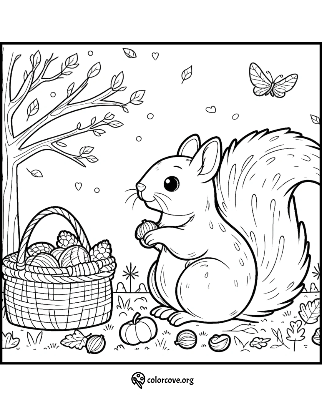 Coloring page: an adorable squirrel gathering nuts in a basket under a tree with falling leaves, pumpkins, and a butterfly nearby.