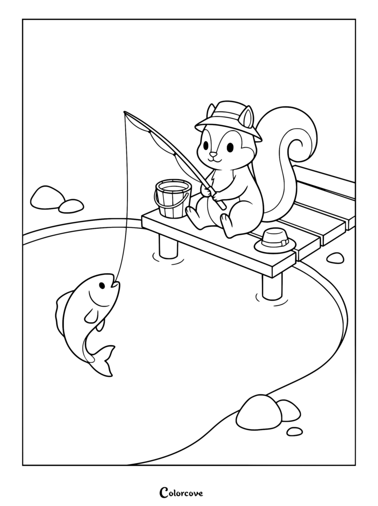 A cute squirrel wearing a hat fishing from a wooden dock with a bucket nearby, line art coloring page.