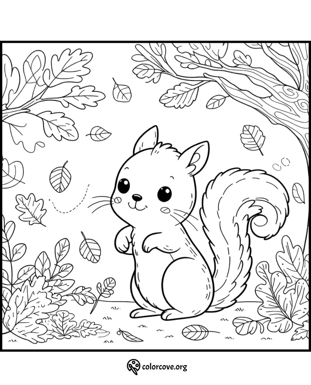 Cute squirrel in autumn forest coloring page with leaves and trees. Ideal for kids' autumn-themed coloring activities.