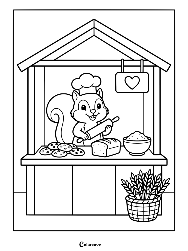 A cute squirrel wearing a chef hat at a market stall with cookies, bread, and a basket of wheat in this printable coloring page.