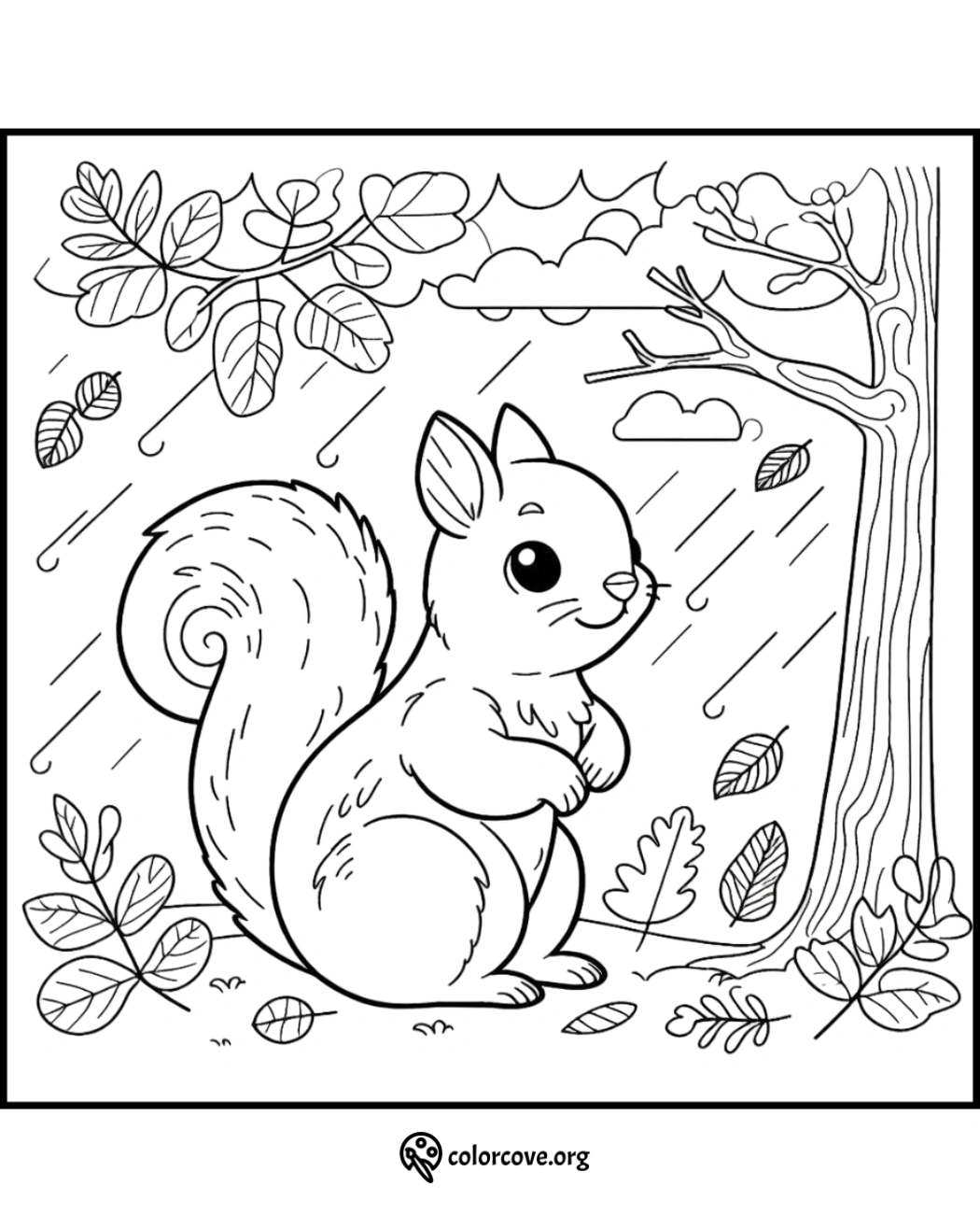 Cute squirrel coloring page under a fall tree with leaves and rain, perfect for kids to color | colorcove.org