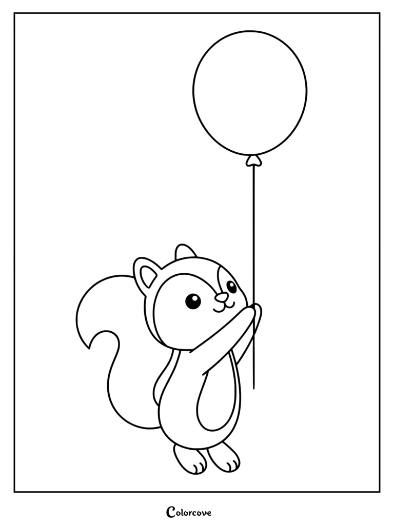 A simple line art coloring page of a happy squirrel holding a single round balloon by its string.