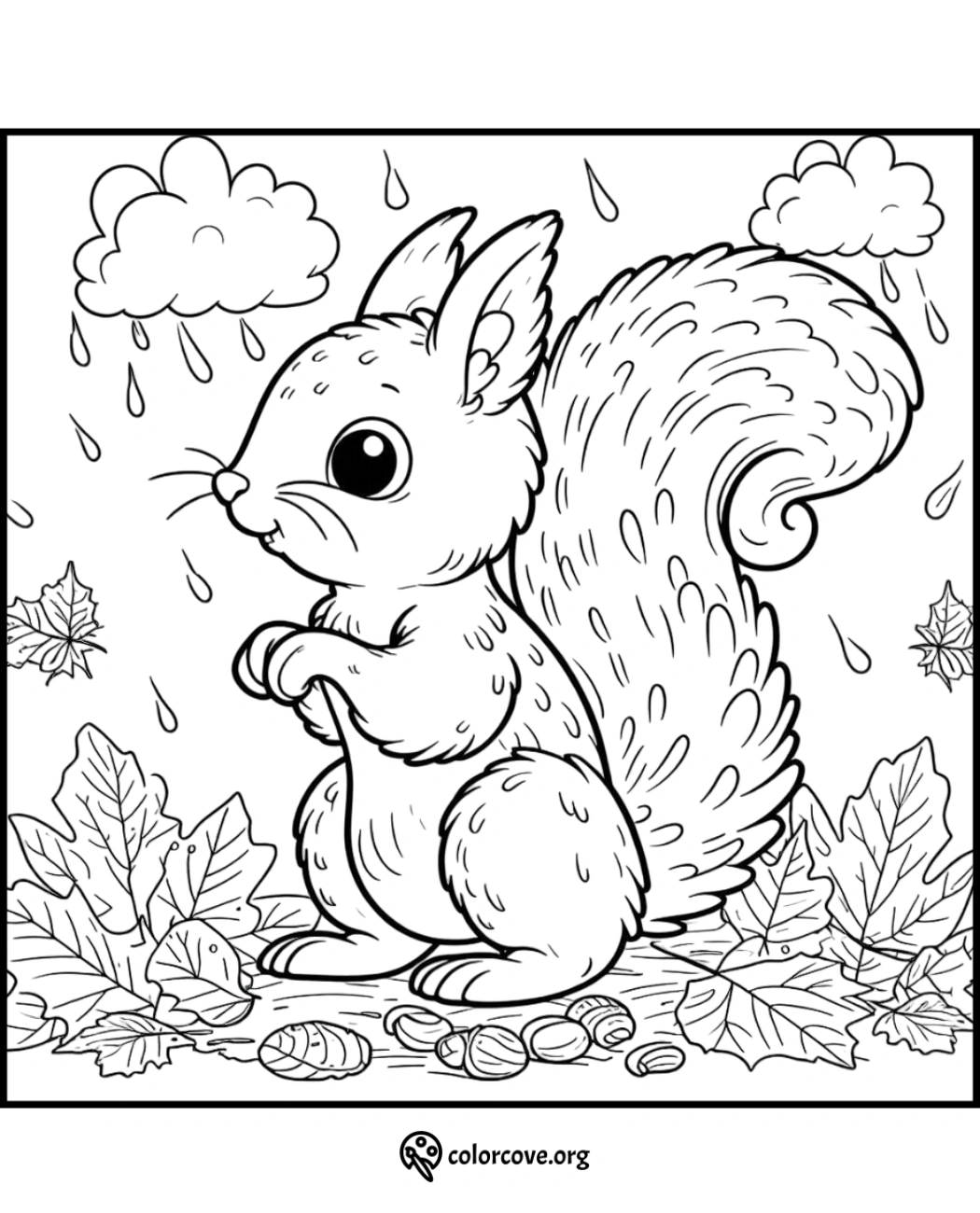 Cute squirrel coloring page for kids with a rainy background and autumn leaves. Printable, fun activity for children.