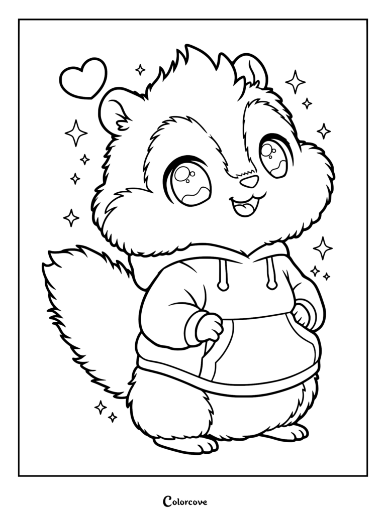 A cute squirrel wearing a hoodie surrounded by stars and a heart in this printable coloring page.