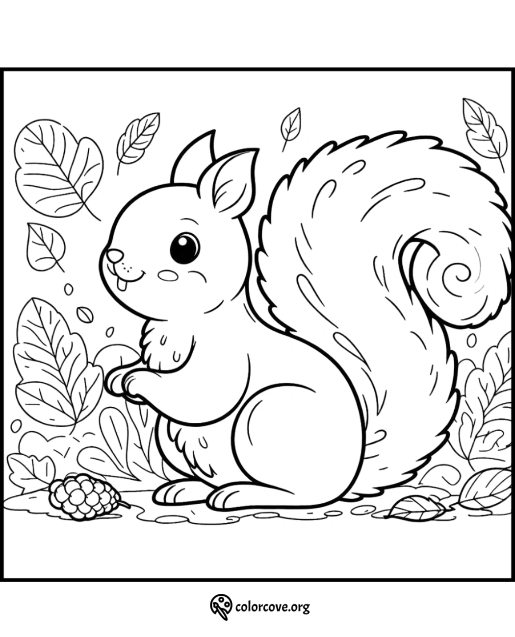 Adorable squirrel coloring page with a squirrel holding acorn and surrounded by leaves and nuts. Perfect for kids fun!