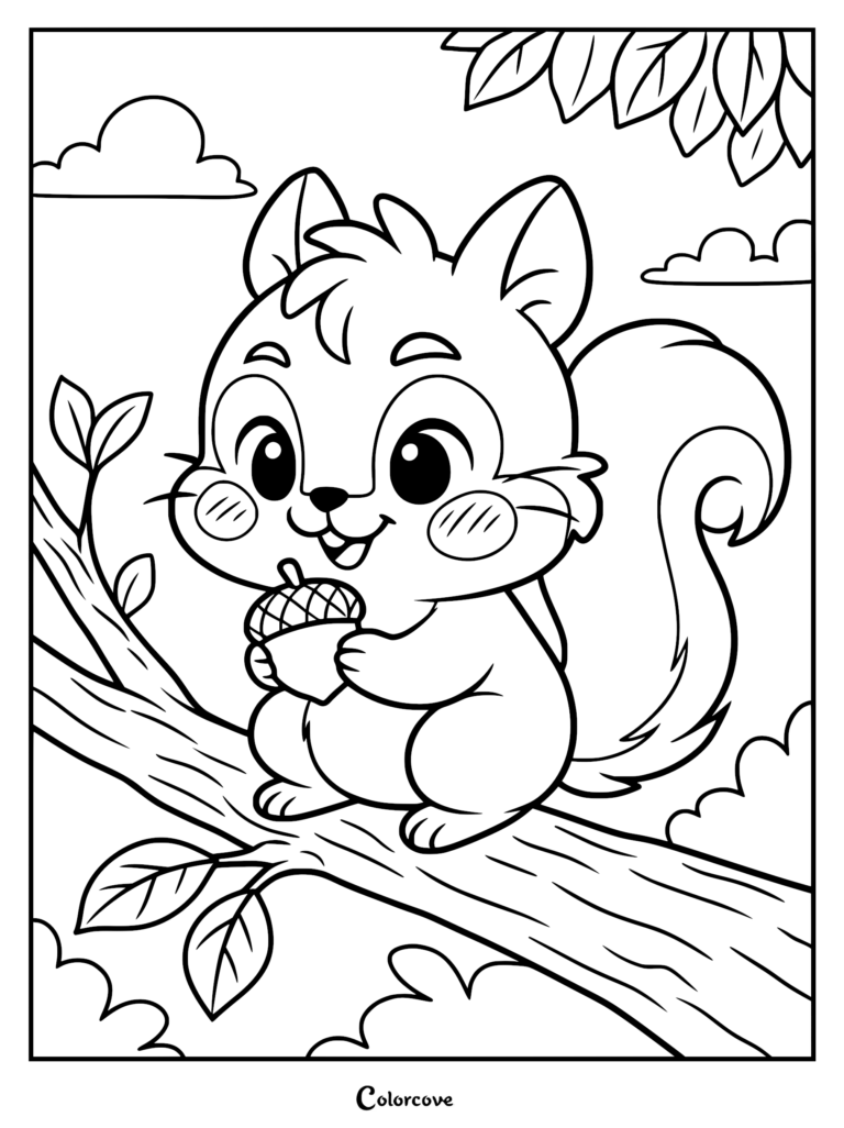 A cute squirrel sitting on a tree branch holding an acorn in this printable coloring page.