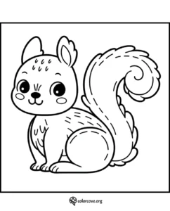 Cute squirrel coloring page for kids, featuring a smiling squirrel with a bushy tail and big eyes. Perfect for fun activities.