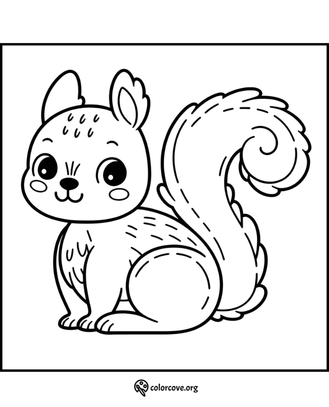 Cute squirrel coloring page for kids, featuring a smiling squirrel with a bushy tail and big eyes. Perfect for fun activities.