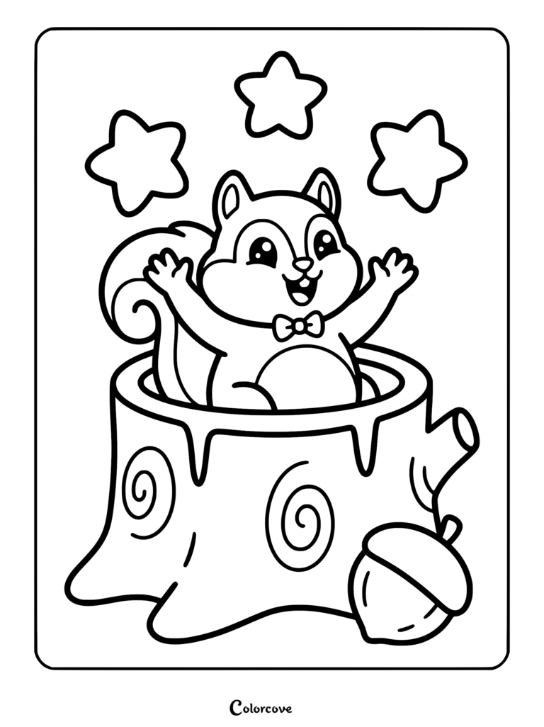 A cute squirrel wearing a bowtie popping out of a tree stump with stars above, coloring page style.