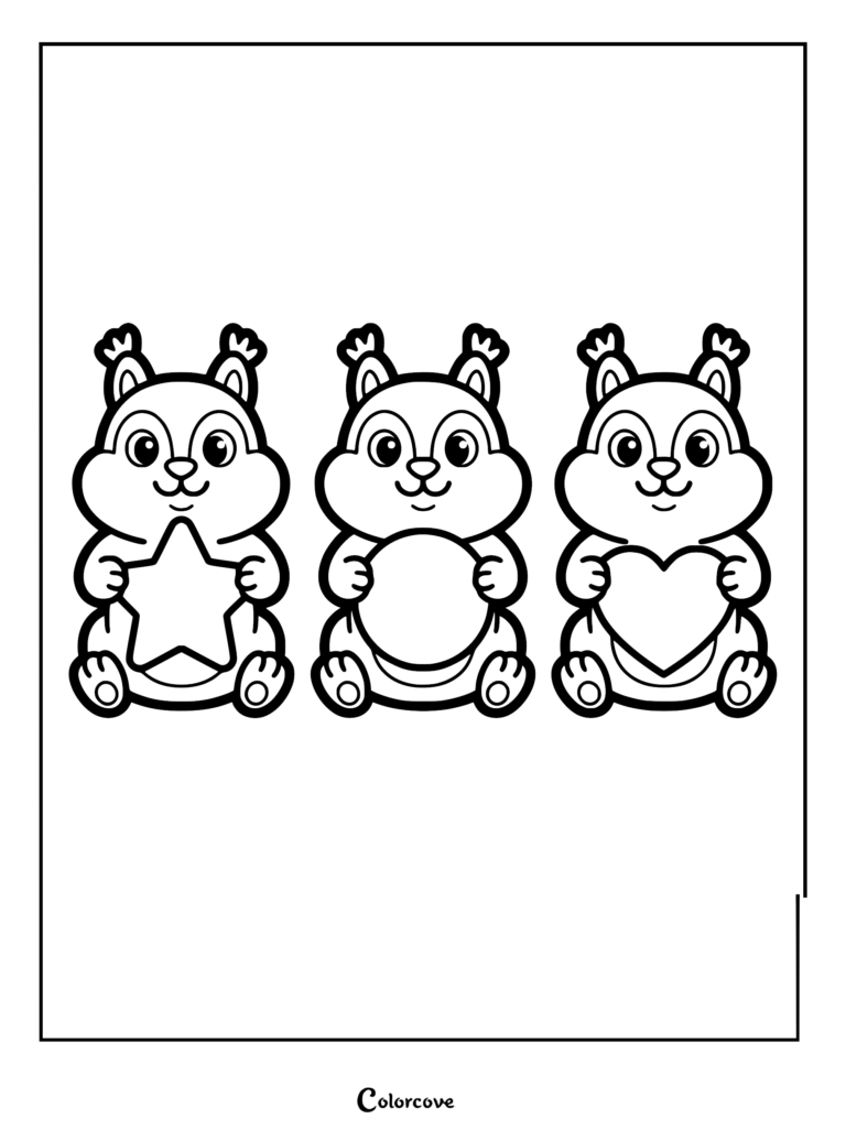 Three cartoon squirrels sitting in a row on a coloring page, each holding a different shape: a star, a circle, and a heart.