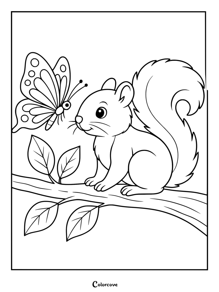 A cute squirrel sitting on a tree branch looking at a butterfly in this printable coloring page.