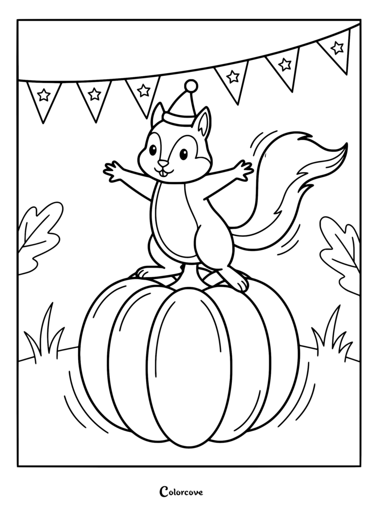 A cute squirrel wearing a party hat standing on a large pumpkin under star bunting in this printable coloring page.