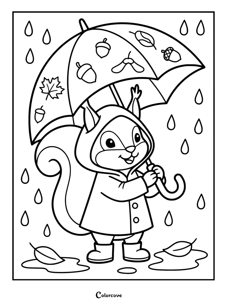A cute squirrel sitting on top of a very large mushroom in a forest surrounded by smaller mushrooms and flowers in this printable coloring page.