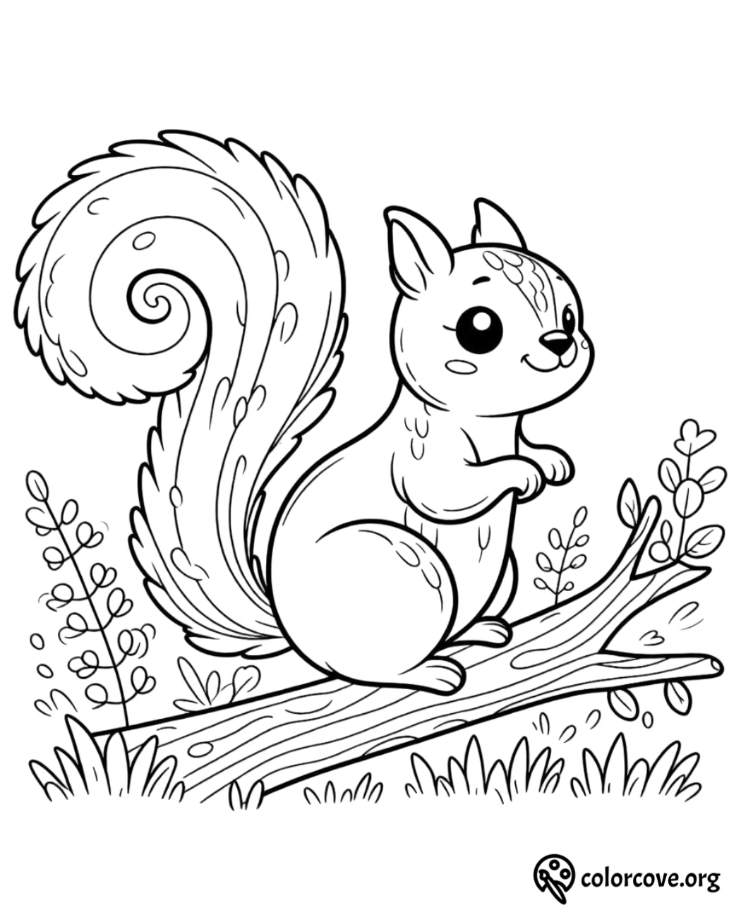 a black and white drawing of a squirrel on a tree branch