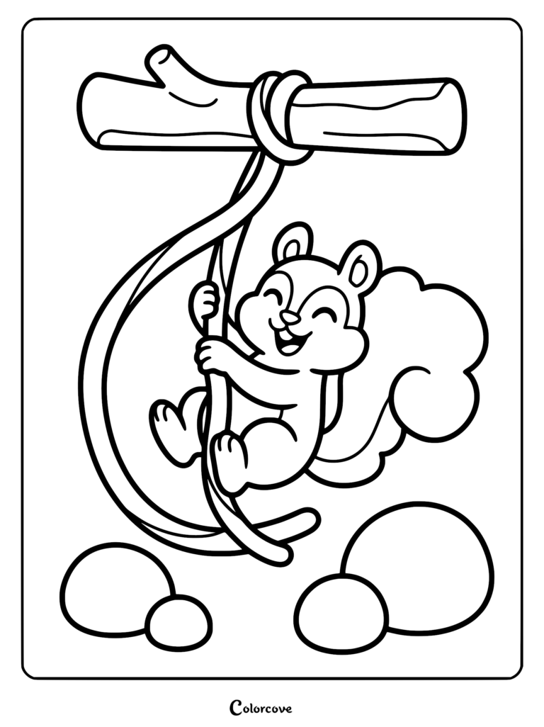 A happy squirrel holding onto a hanging vine attached to a tree branch, coloring page style line art.