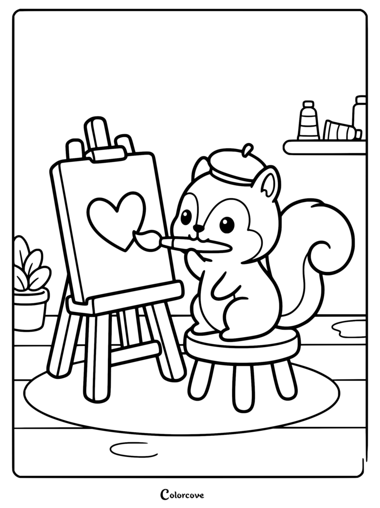 A cute squirrel wearing a beret painting a heart on a canvas with a brush, coloring page style.
