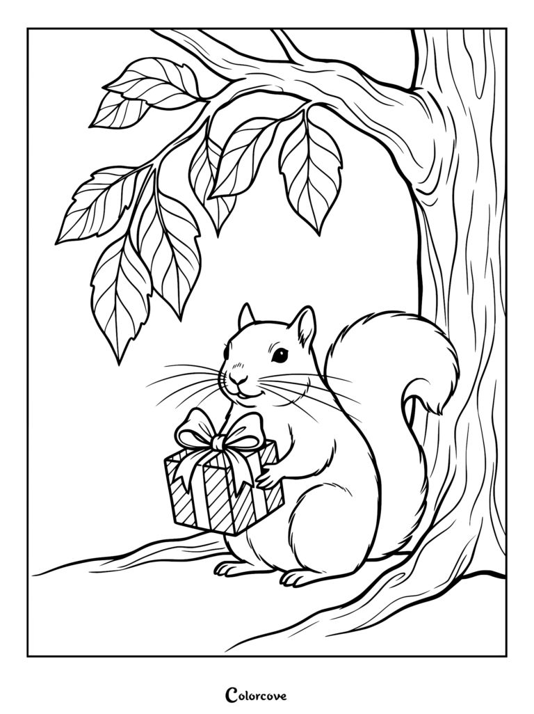 A cute squirrel sitting under a tree holding a wrapped gift box with a bow in this printable coloring page.