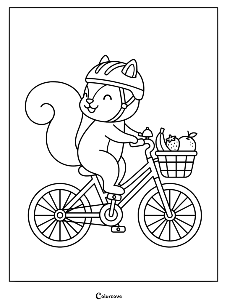 A cute squirrel wearing a helmet riding a bicycle with a basket of fruit in this printable coloring page.