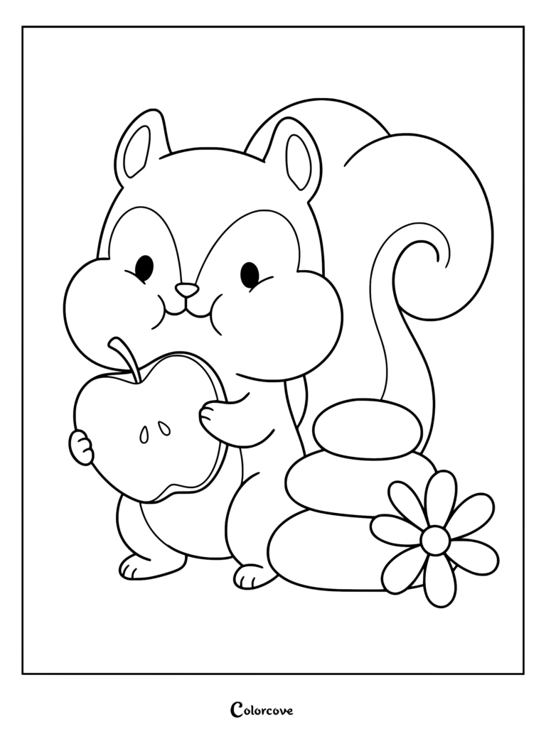 A cute squirrel with chubby cheeks holding a sliced apple next to a flower on this printable coloring page.
