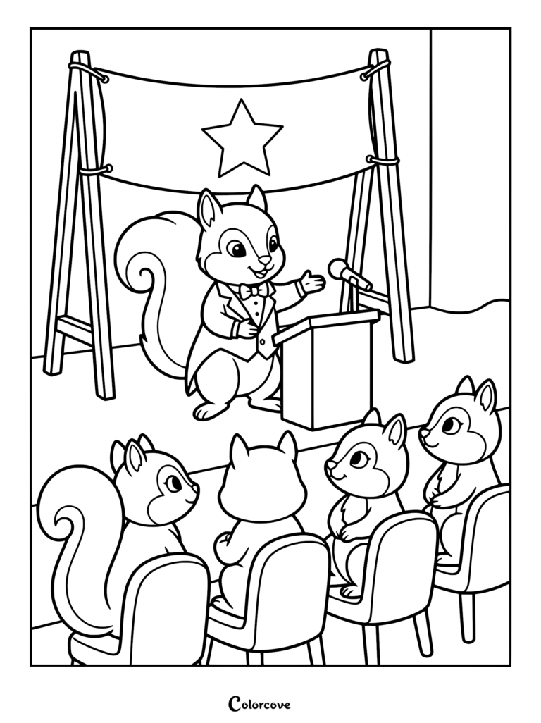 A squirrel in a tuxedo stands at a podium giving a presentation to an audience of squirrels in this printable coloring page.