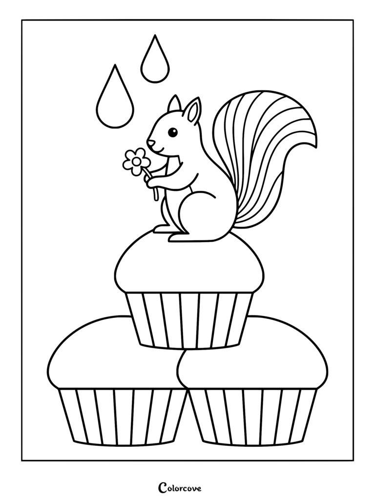 A cute squirrel holding a small flower while sitting on a stack of three cupcakes with raindrops above, coloring page.