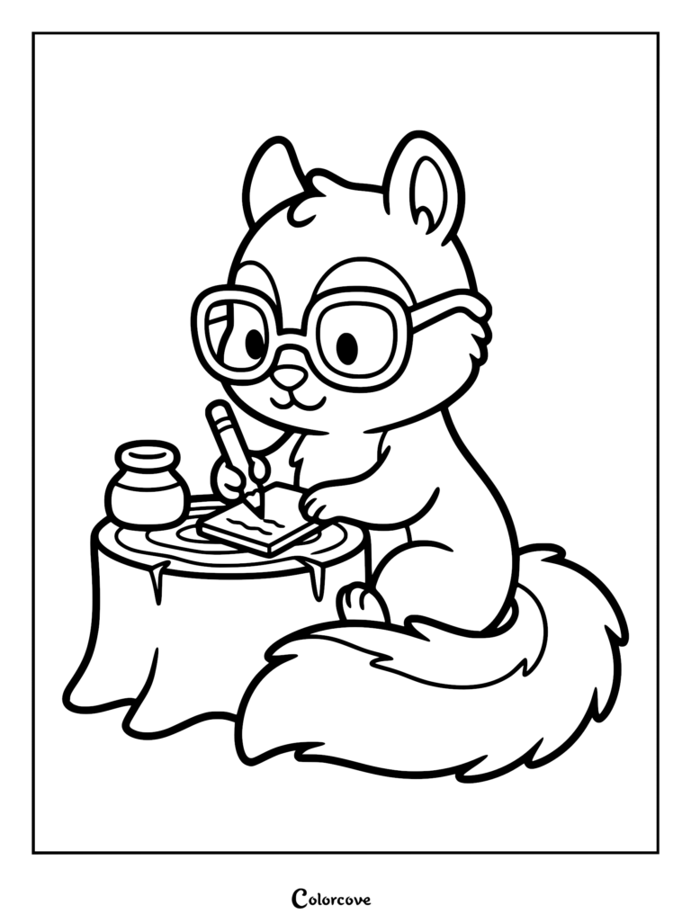 A cute squirrel wearing large glasses writing in a notebook on a tree stump coloring page.
