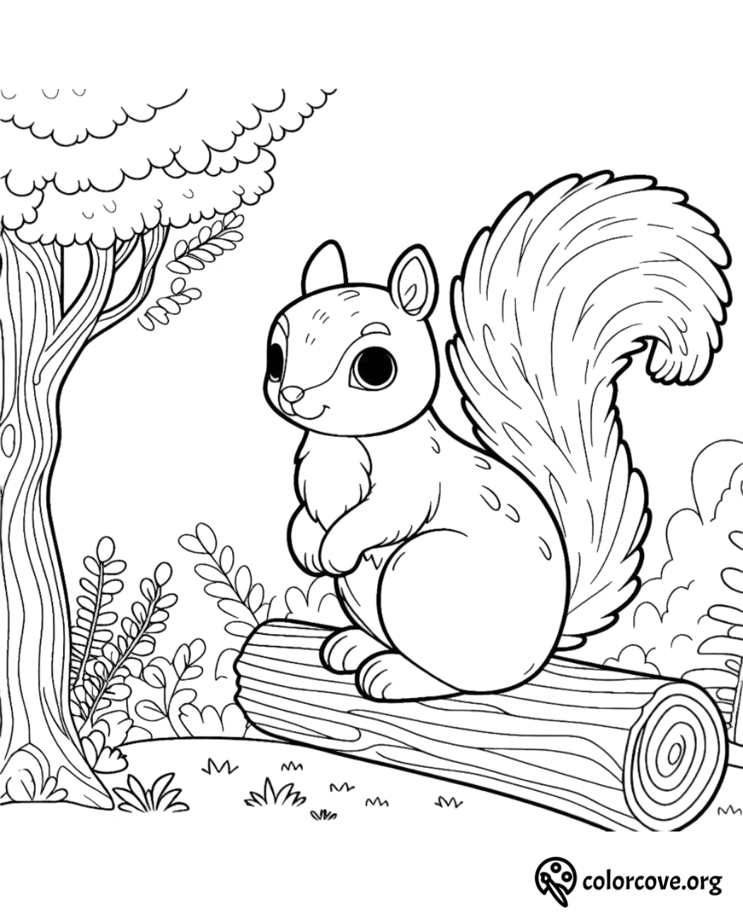 a cartoon squirrel sitting on a log