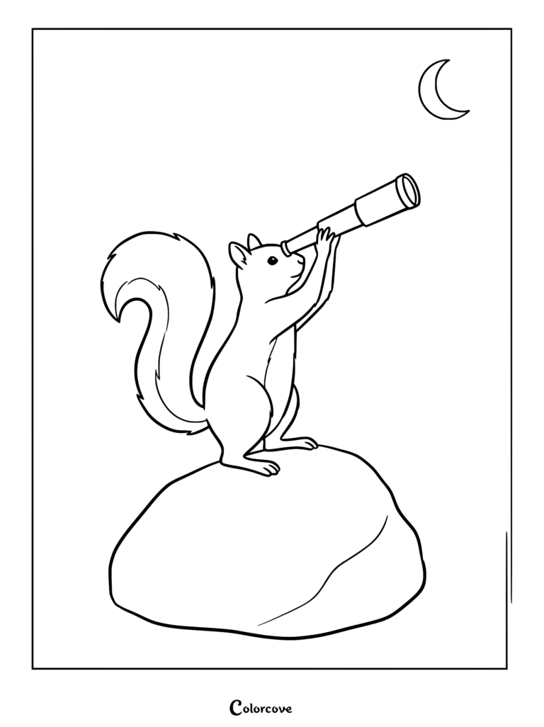 A squirrel standing on a large rock looking through a telescope at a crescent moon in this printable coloring page.