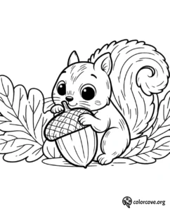 a black and white drawing of a squirrel holding a nut