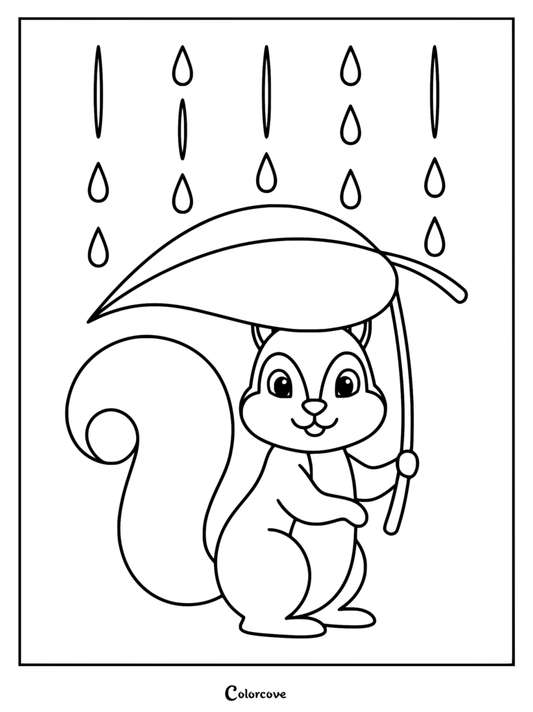 A cute squirrel holding a large leaf as an umbrella during a rainstorm in this printable coloring page.