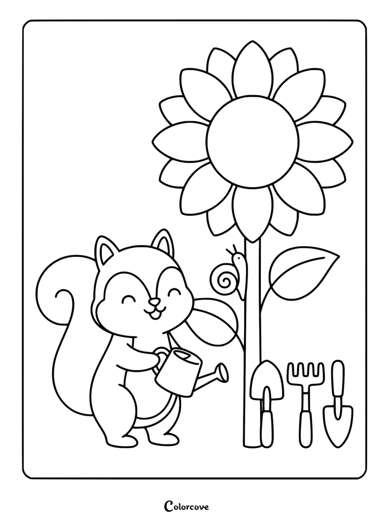 A cute squirrel holding a watering can next to a large sunflower and a snail on this printable coloring page with garden tools.